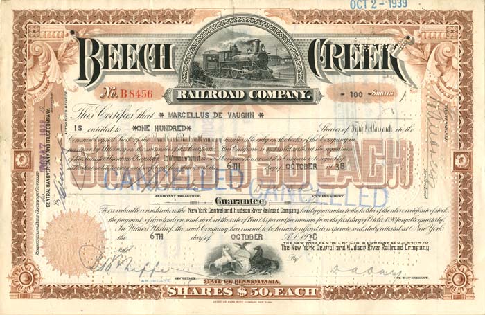 Beech Creek Railroad Co. - Stock Certificate